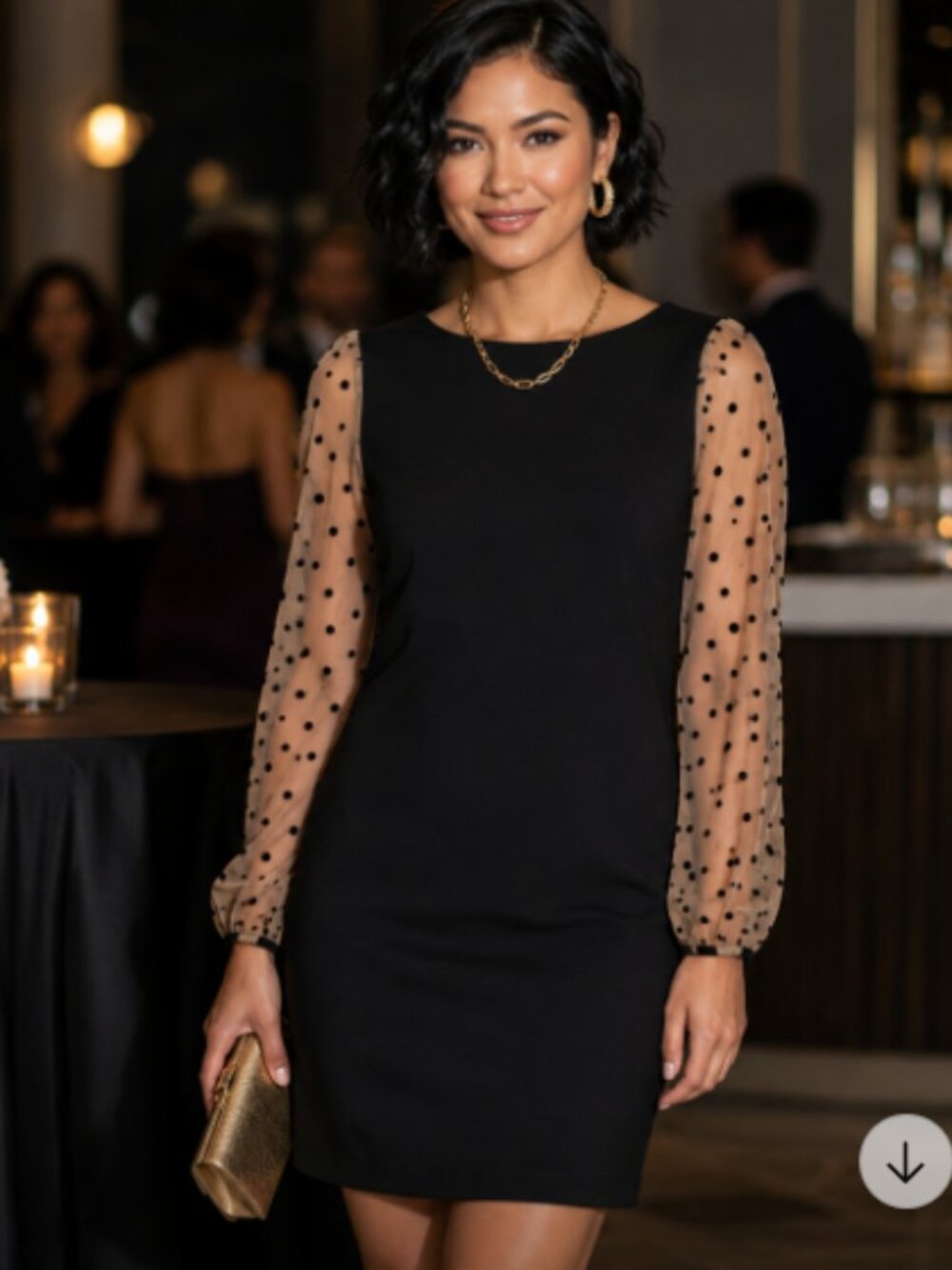 Danny & Nicole Black Sheath Dress Sz 12 Polka Dot Mesh Sleeve Cocktail Night Out